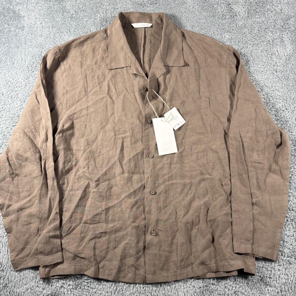 Zara Button Down Shirt Mens XL Brown 100% Linen Camp Collar Long Sleeve